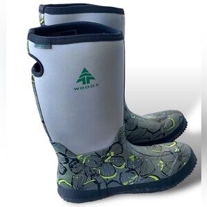 WOODS Waterproof Tall Boots Rain Boots Floral Print Grey Size 10 Cottagecore